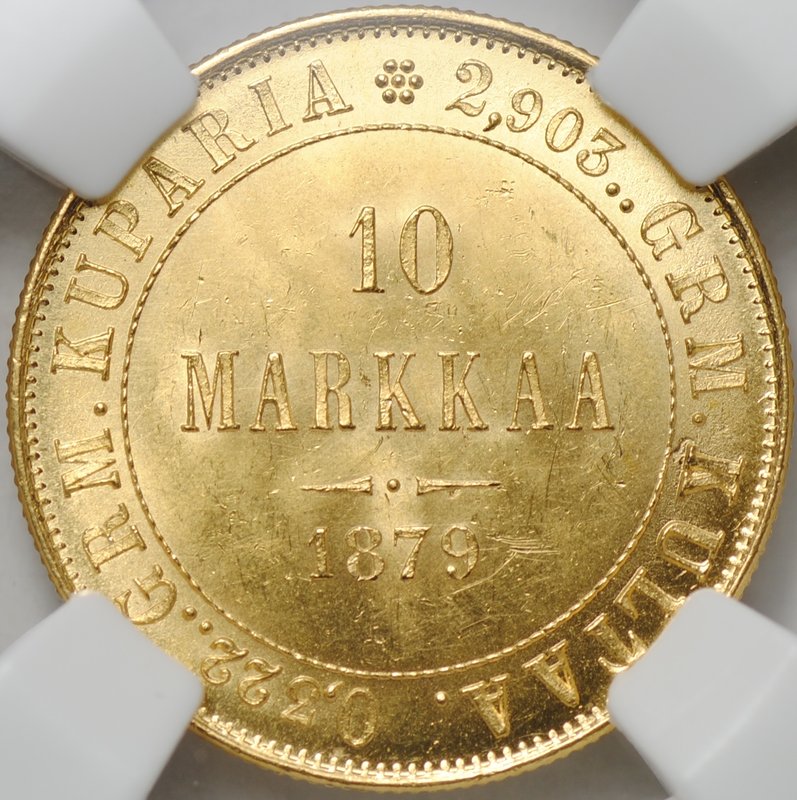 Монета 10 марок 1879 S Русская Финляндия слаб ННР MS 64