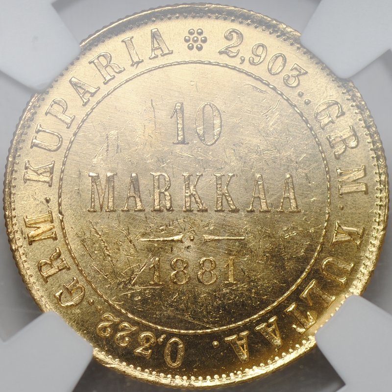 Монета 10 марок 1881 S Русская Финляндия слаб NGC MS 62