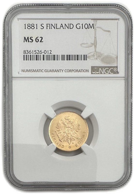 Монета 10 марок 1881 S Русская Финляндия слаб NGC MS 62