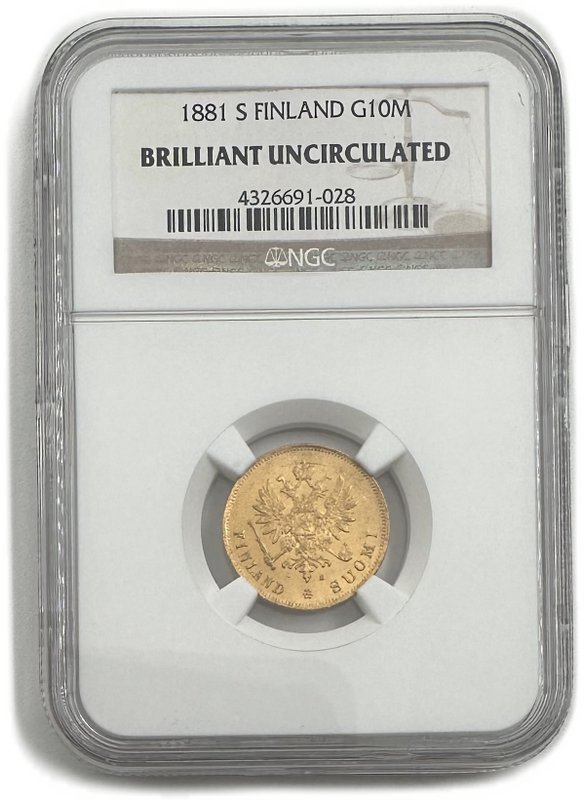 Монета 10 марок 1881 S Русская Финляндия слаб NGC BUNC