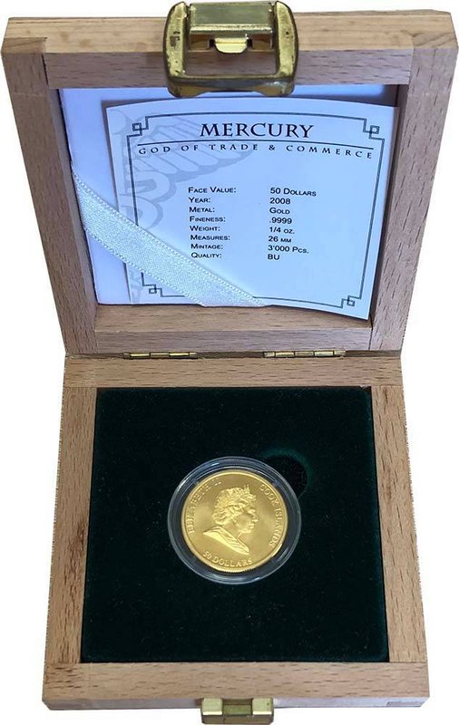 Монета 50 долларов 2008 Меркурий Бог торговли Острова Кука