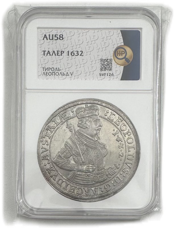 Монета 1 талер 1632 Леопольд V Тироль Австрия слаб ННР AU 58