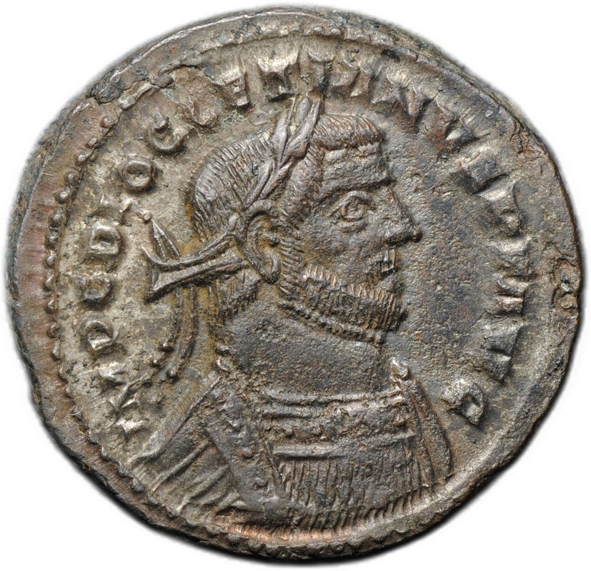Монета Фоллис 296-303 Диоклетиан Гений с рогом изобилия Лондиниум Римская Империя