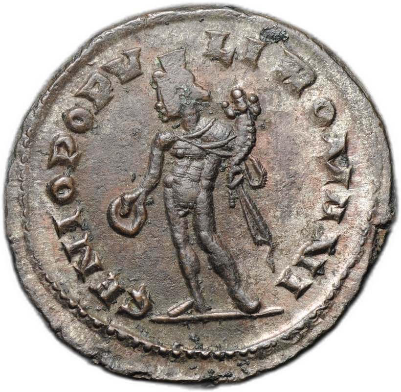 Монета Фоллис 296-303 Диоклетиан Гений с рогом изобилия Лондиниум Римская Империя