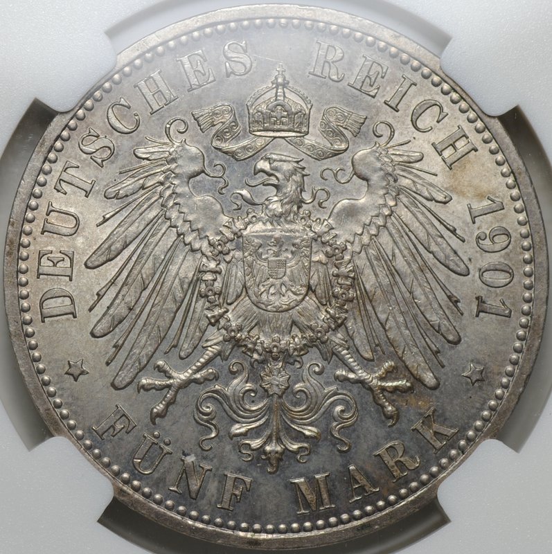 Монета 5 марок 1901 A Ольденбург Германия слаб ННР MS 63