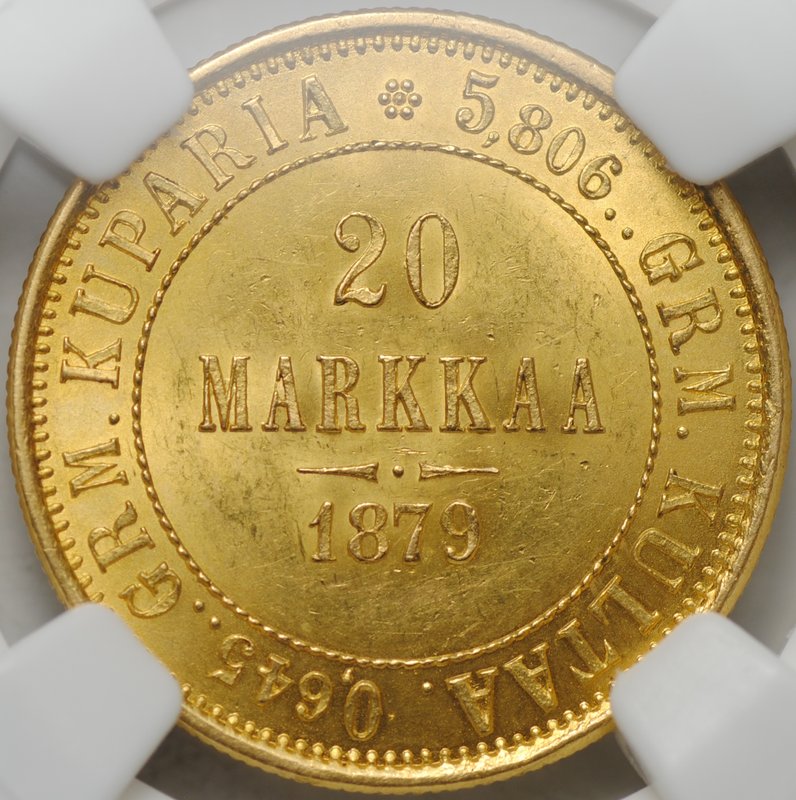 Монета 20 марок 1879 S Русская Финляндия слаб ННР MS 63