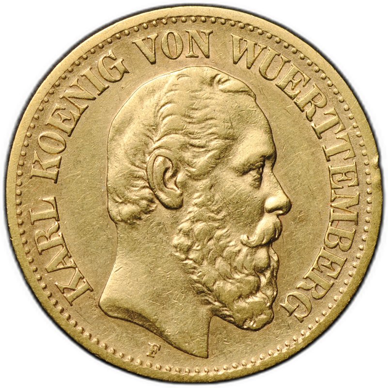Монета 10 марок 1879 F Вюртемберг Германская империя