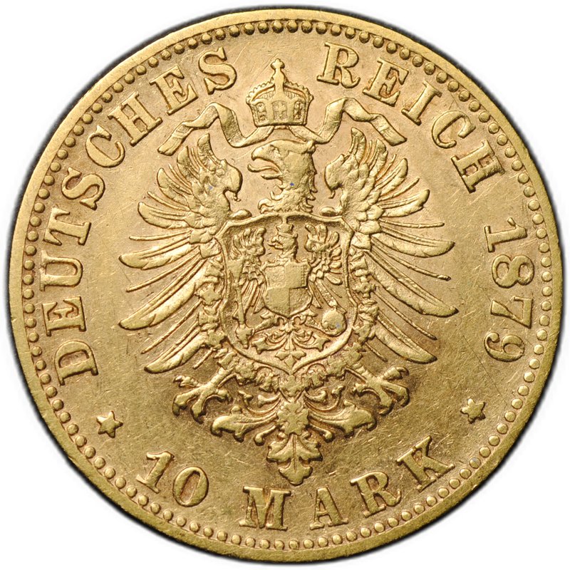 Монета 10 марок 1879 F Вюртемберг Германская империя