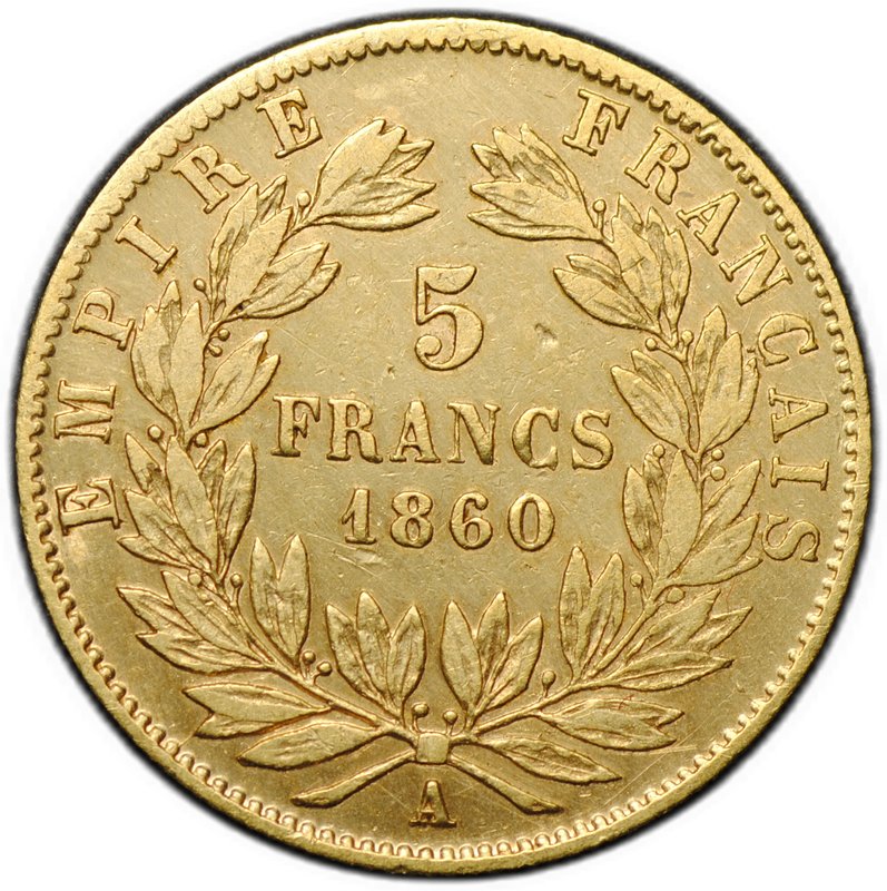 Монета 5 франков 1860 А золото Франция