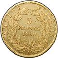 Монета 5 франков 1860 А золото Франция