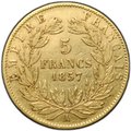 Монета 5 франков 1857 А золото Франция
