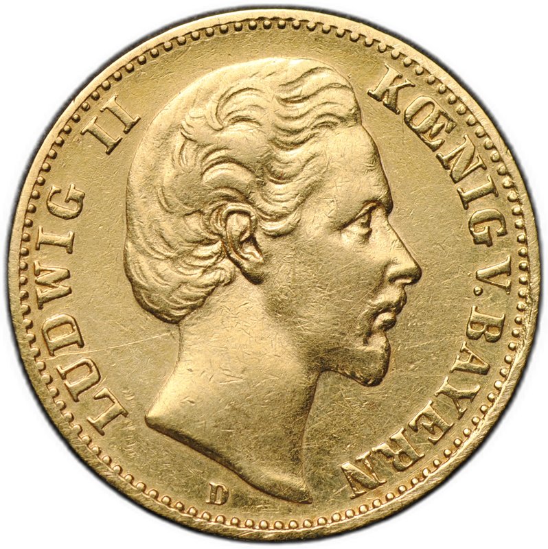 Монета 10 марок 1878 D Бавария Германская империя