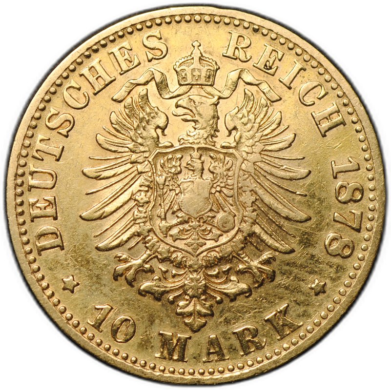 Монета 10 марок 1878 D Бавария Германская империя