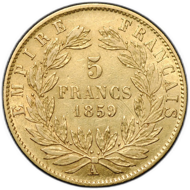 Монета 5 франков 1859 А золото Франция