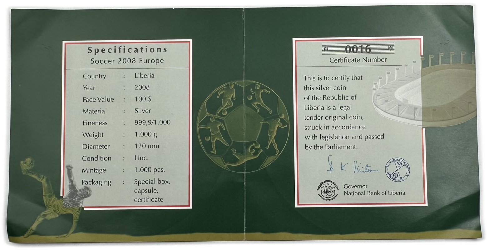Монета 100 долларов 2008 Чемпионат Европы по футболу УЕФА Либерия