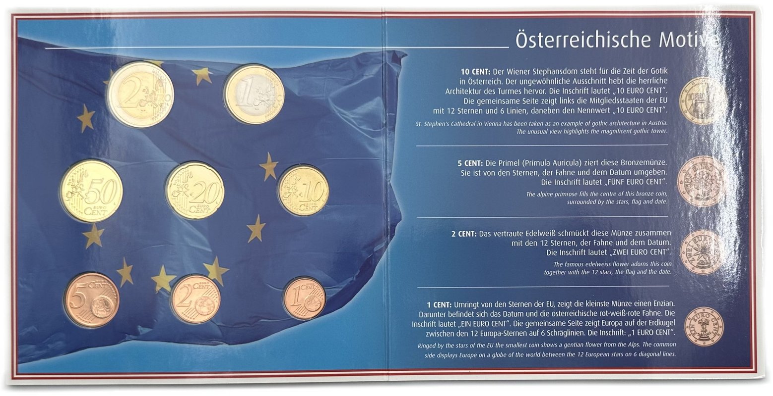 Годовой набор 1, 5, 10, 20, 50 евроцентов и 1, 2 евро 2002 Австрия