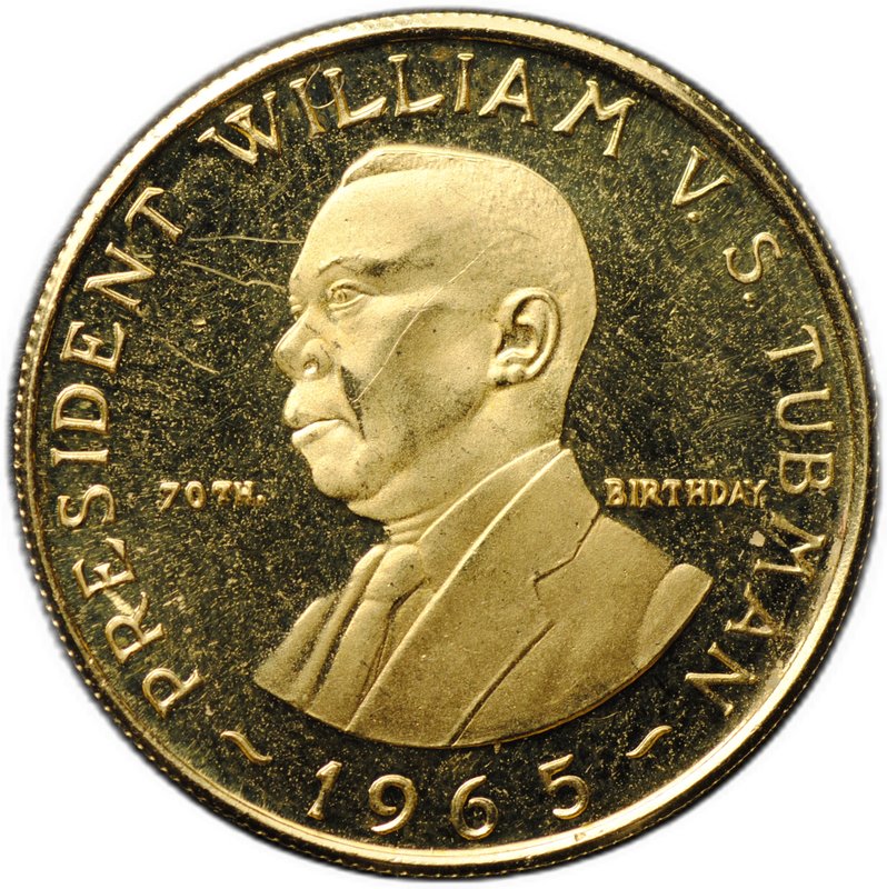 Монета 12 долларов 1965 президент Уильям Табмен 70 лет со дня рождения Либерия
