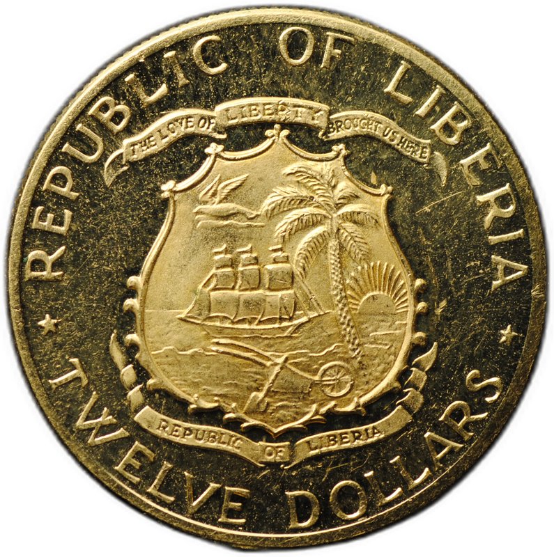 Монета 12 долларов 1965 президент Уильям Табмен 70 лет со дня рождения Либерия