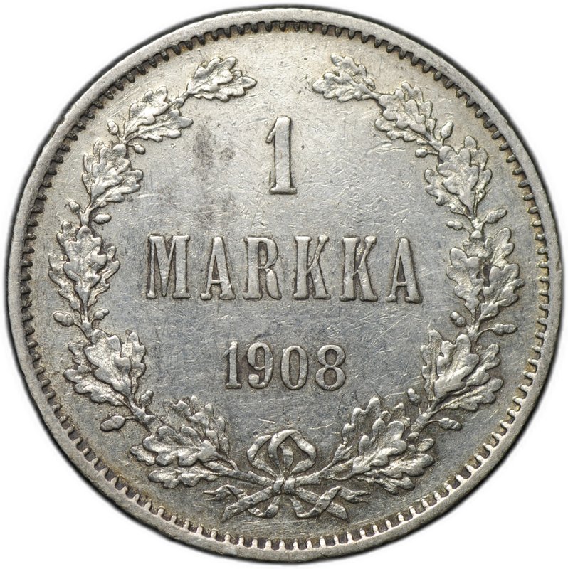 Монета 1 марка 1908 L Русская Финляндия