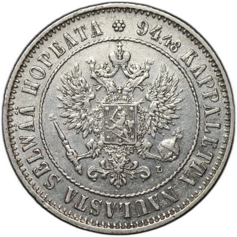 Монета 1 марка 1908 L Русская Финляндия