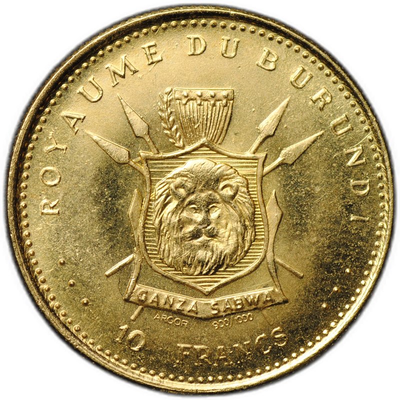 Монета 10 франков 1965 Мвамбутса IV 50 лет правления Бурунди