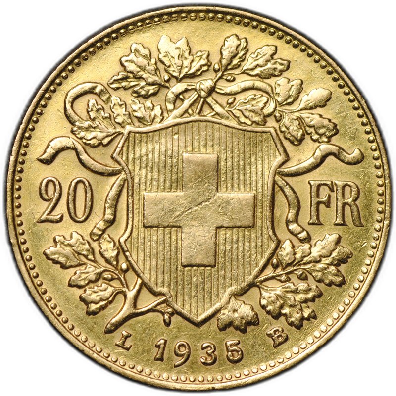 Монета 20 франков 1935 L B Швейцария