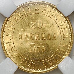 фото для Монета 20 марок 1879 S Русская Финляндия слаб ННР MS 63 Аверс