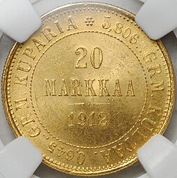 фото для Монета 20 марок 1912 S Русская Финляндия слаб ННР MS 65 Аверс