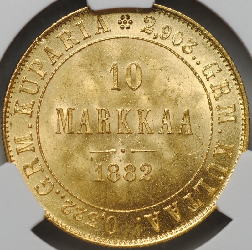 Монета 10 марок 1882 S Русская Финляндия слаб CPRC MS 64