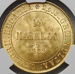 фото для Монета 10 марок 1882 S Русская Финляндия слаб CPRC MS 64 Аверс