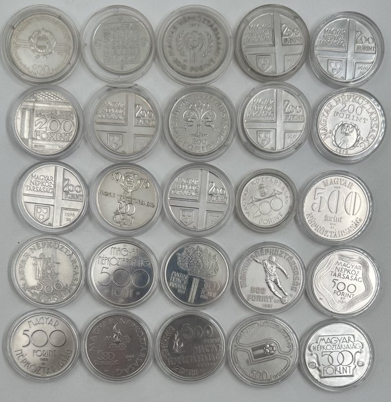 Подборка серебряных монет 200, 500 форинтов 1975-1993 Венгрия 25 штук