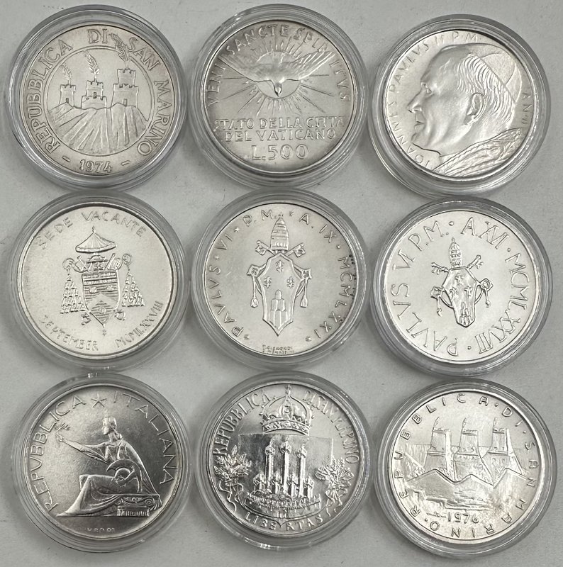 Подборка серебряных монет 500 лир 1958-1985 Ватикан, Сан-Марино, Италия 9 штук