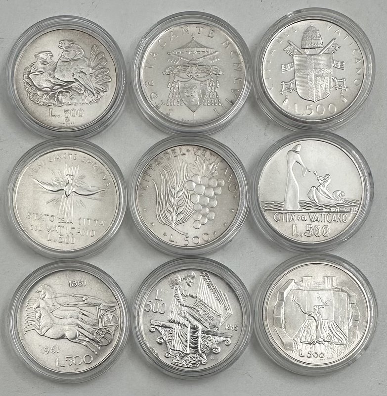 Подборка серебряных монет 500 лир 1958-1985 Ватикан, Сан-Марино, Италия 9 штук