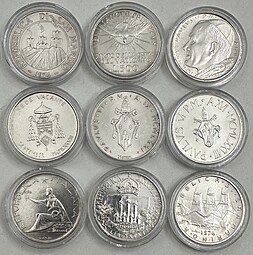 фото для Подборка серебряных монет 500 лир 1958-1985 Ватикан, Сан-Марино, Италия 9 штук Аверс