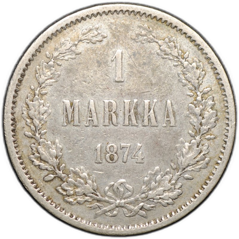 Монета 1 марка 1874 S Русская Финляндия