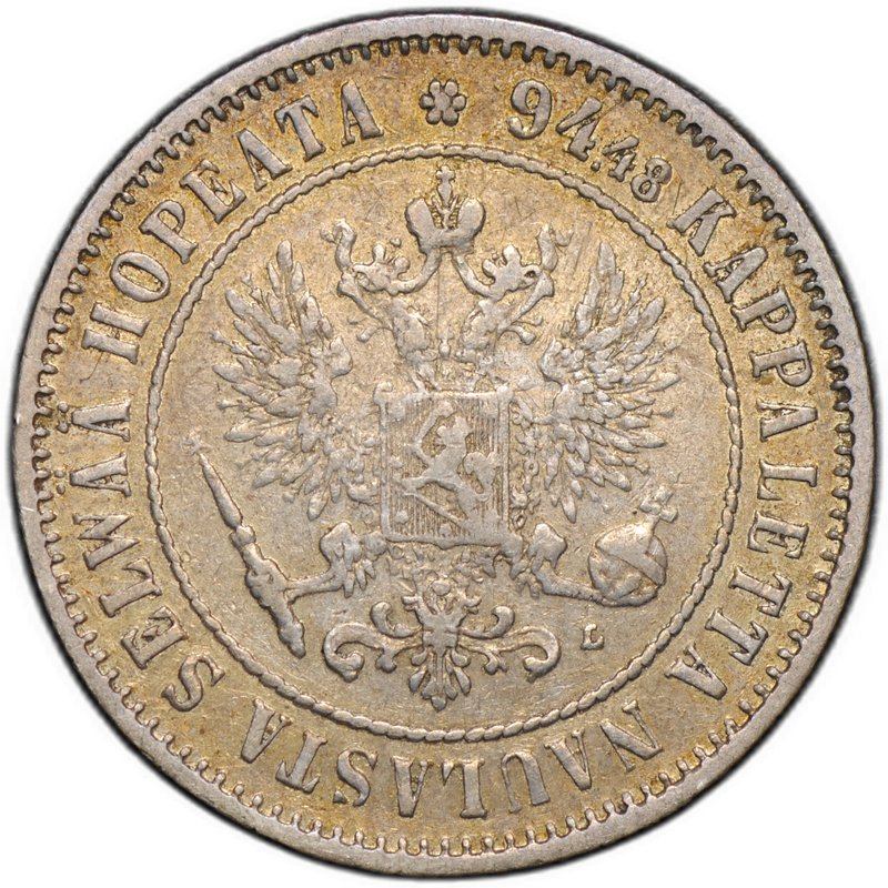 Монета 1 марка 1892 L Русская Финляндия