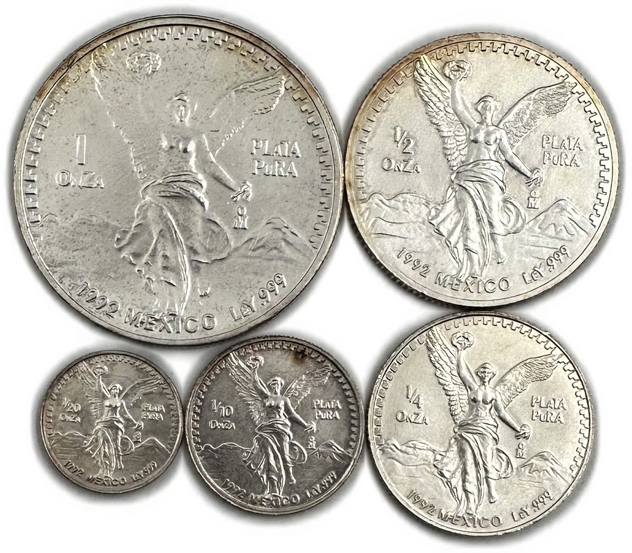 Набор 1/20, 1/10, 1/4, 1/2, 1 онза (унция) серебра 1992 Свобода Мексика 5 монет
