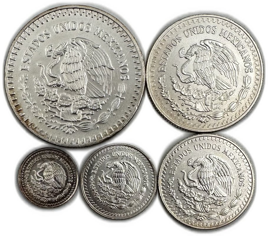Набор 1/20, 1/10, 1/4, 1/2, 1 онза (унция) серебра 1992 Свобода Мексика 5 монет