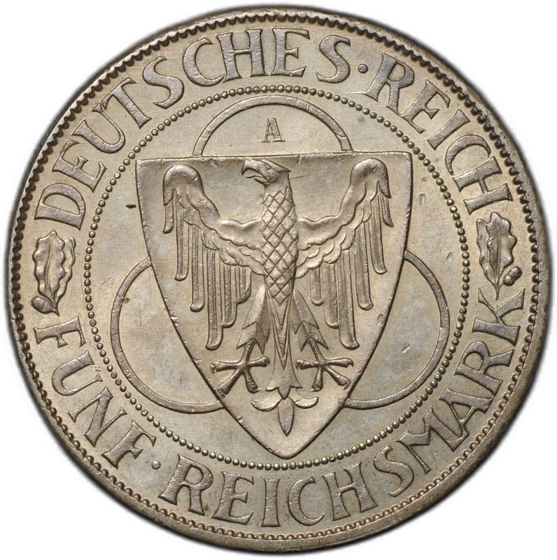 Монета 5 рейхсмарок (марок) 1930 A Освобождение Рейнской области Рейнланд Германия