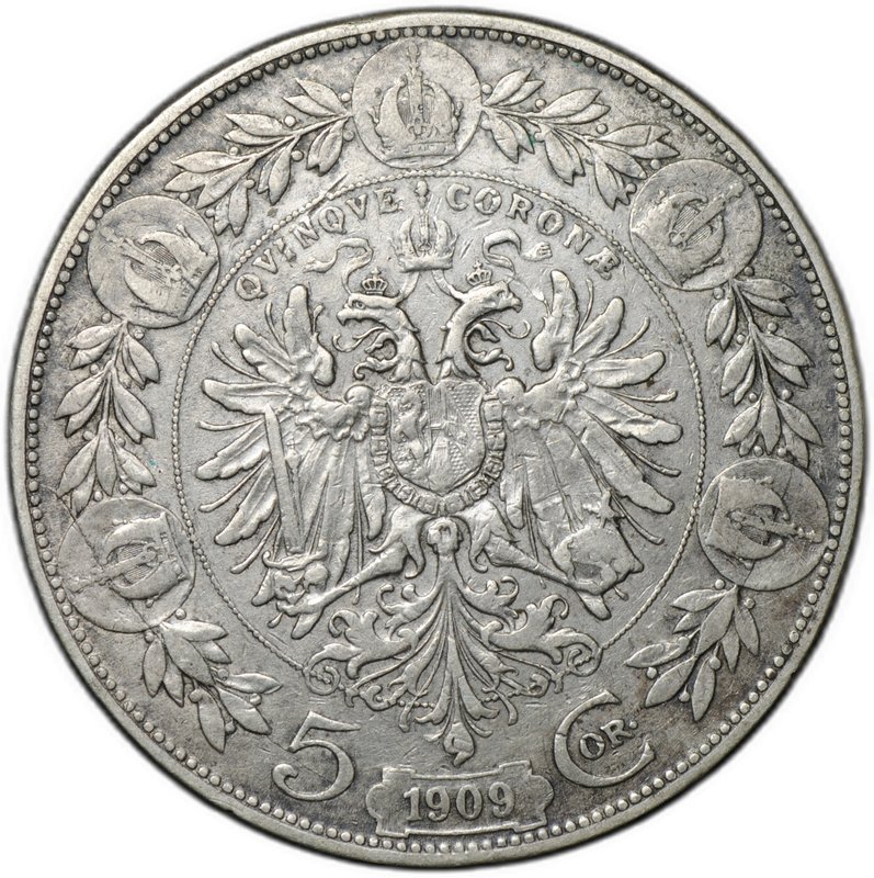 Монета 5 крон 1909 Без легенды под бюстом Австрия