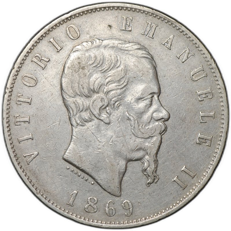 Монета 5 лир 1869 М Италия