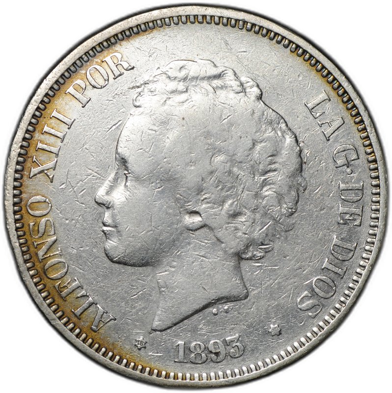 Монета 5 песет 1893 L Испания