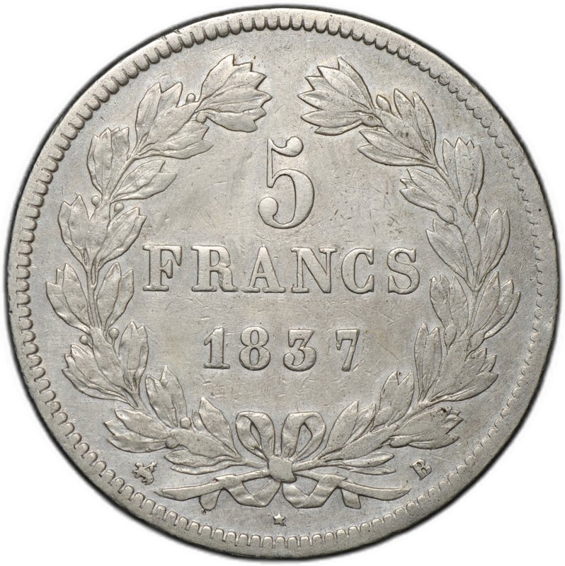 Монета 5 франков 1837 B Руан Франция