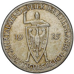 фото для Монета 3 рейхсмарки (марки) 1925 J Тысячелетие Рейнской области Рейнланд Германия Аверс