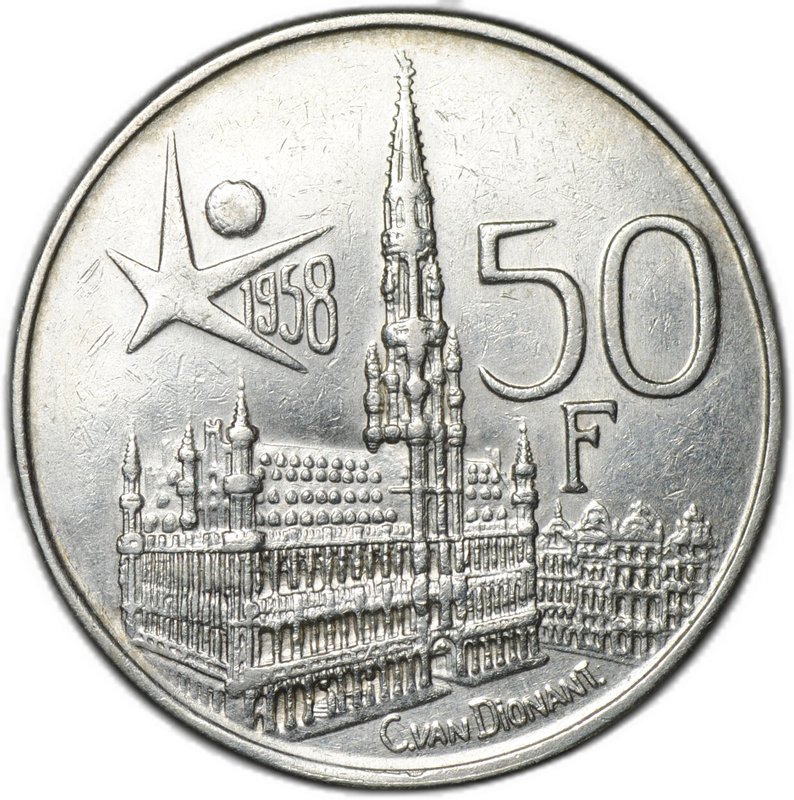 Монета 50 франков 1958 Международная выставка Экспо в Брюсселе DER BELGEN Бельгия