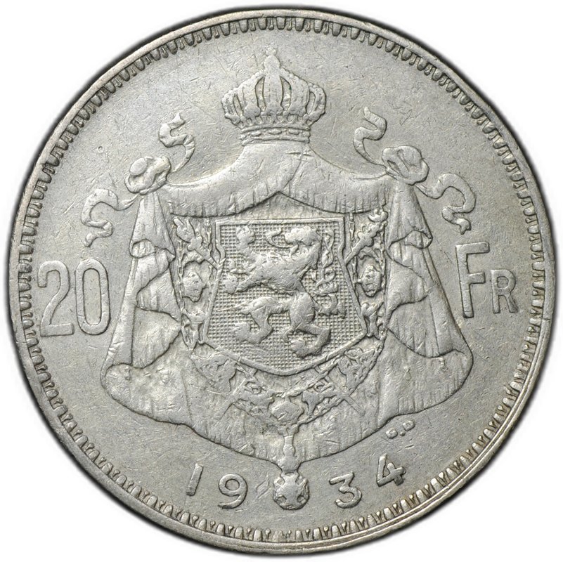 Монета 20 франков 1934 DES BELGES Бельгия
