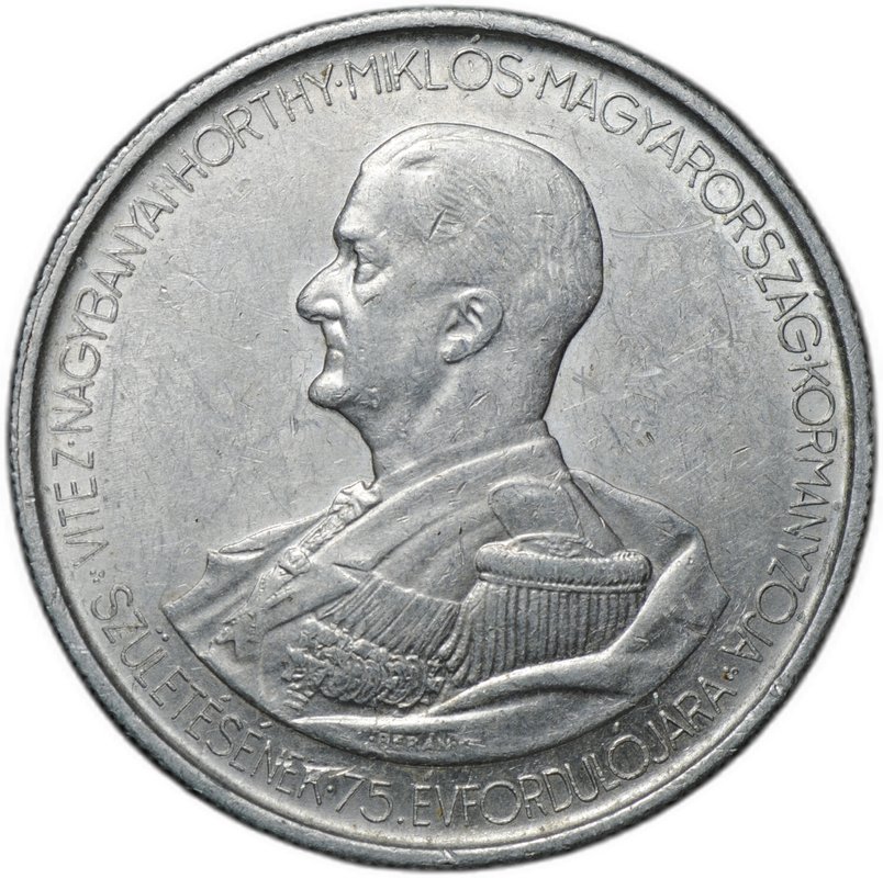Монета 5 пенго 1943 Адмирал Хорти 75 лет со дня рождения Венгрия