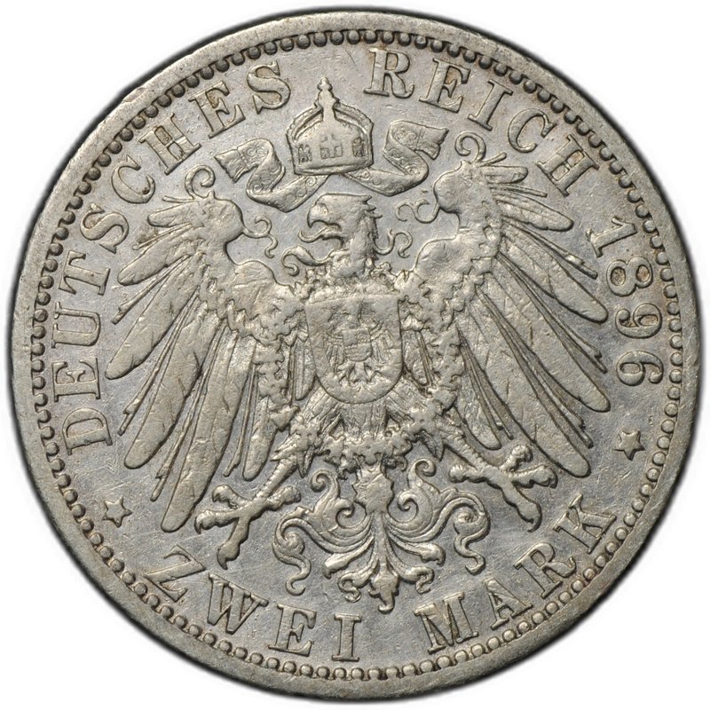 Монета 2 марки 1896 F Вюртемберг Германия