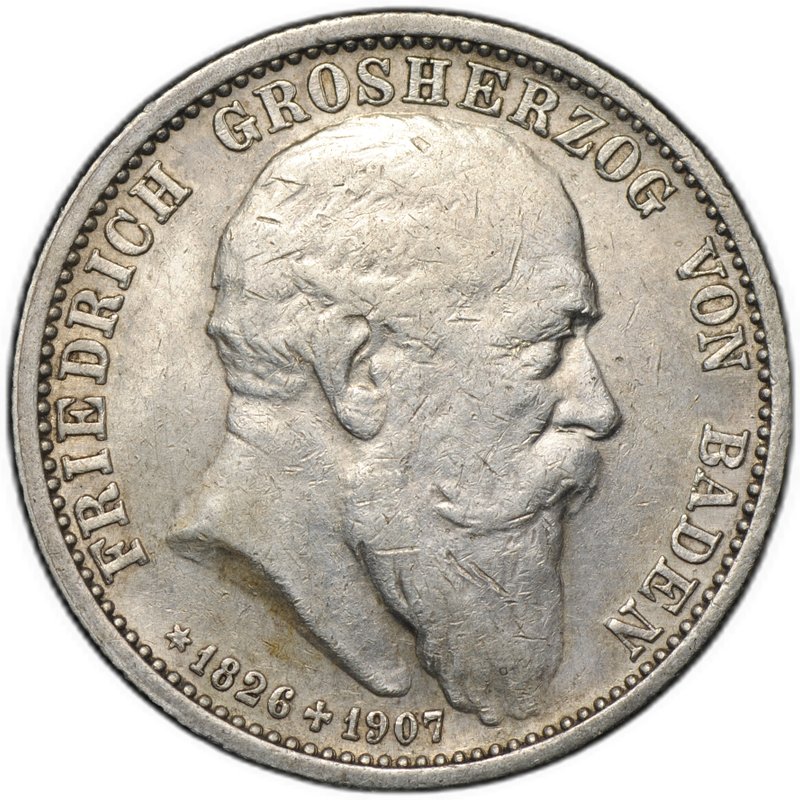 Монета 2 марки 1907 G Смерть Фридриха I Траурная Баден Германия