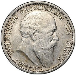 фото для Монета 2 марки 1907 G Смерть Фридриха I Траурная Баден Германия Аверс